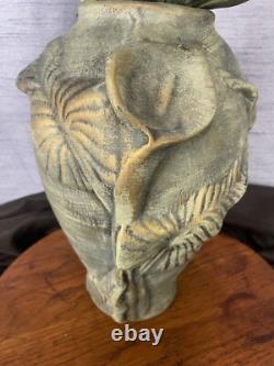 Vintage Vase Calla Lilies Raised Relief Green With Gold Accents Studio Pottery