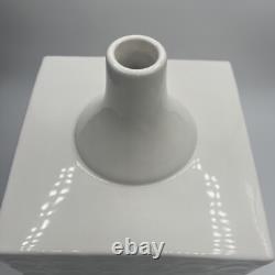 Vintage White Ceramic Mod Geometric Cube Vase Oval Print Glazed 8x8 Square Box