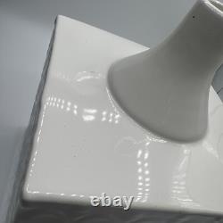 Vintage White Ceramic Mod Geometric Cube Vase Oval Print Glazed 8x8 Square Box