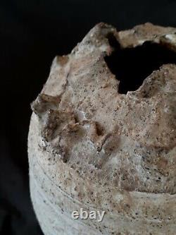 Vintage brutalist AT studio pottery stoneware tan vase, 8 inches