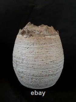 Vintage brutalist AT studio pottery stoneware tan vase, 8 inches