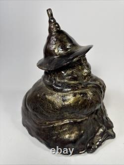 Vintage brutalist studio pottery seated Asian monk with pointed hat signed