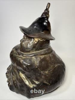 Vintage brutalist studio pottery seated Asian monk with pointed hat signed