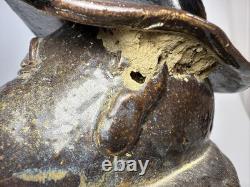 Vintage brutalist studio pottery seated Asian monk with pointed hat signed