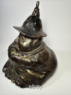 Vintage brutalist studio pottery seated Asian monk with pointed hat signed