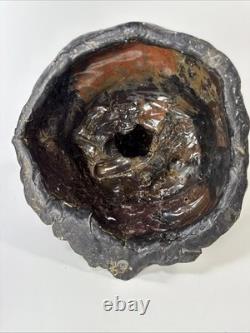 Vintage brutalist studio pottery seated Asian monk with pointed hat signed