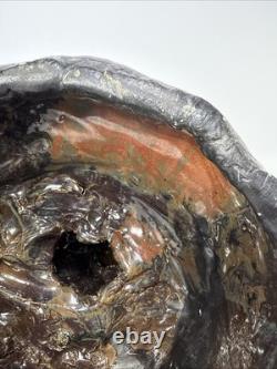 Vintage brutalist studio pottery seated Asian monk with pointed hat signed