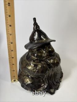 Vintage brutalist studio pottery seated Asian monk with pointed hat signed