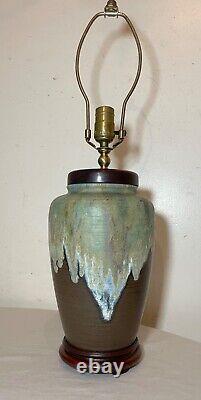 Vintage handmade glazed Mid-century Modern MCM studio green brown pottery lamp