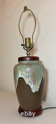 Vintage handmade glazed Mid-century Modern MCM studio green brown pottery lamp