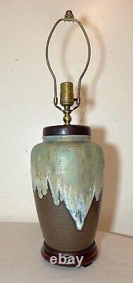 Vintage handmade glazed Mid-century Modern MCM studio green brown pottery lamp