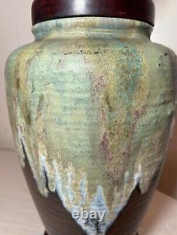 Vintage handmade glazed Mid-century Modern MCM studio green brown pottery lamp