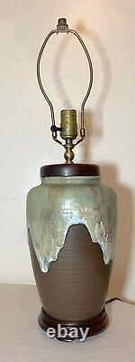 Vintage handmade glazed Mid-century Modern MCM studio green brown pottery lamp
