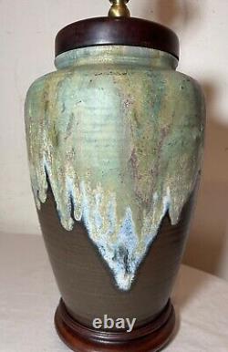 Vintage handmade glazed Mid-century Modern MCM studio green brown pottery lamp