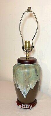 Vintage handmade glazed Mid-century Modern MCM studio green brown pottery lamp