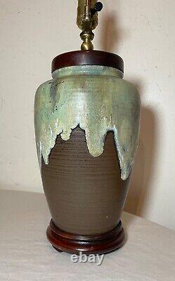 Vintage handmade glazed Mid-century Modern MCM studio green brown pottery lamp