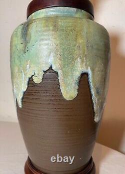 Vintage handmade glazed Mid-century Modern MCM studio green brown pottery lamp
