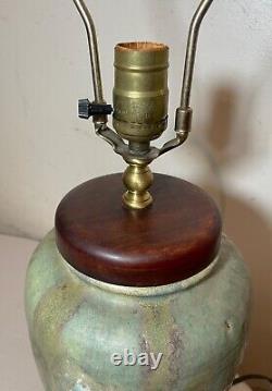 Vintage handmade glazed Mid-century Modern MCM studio green brown pottery lamp