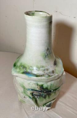 Vintage handmade studio green white Brutalist signed art pottery vase sculpture