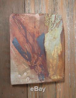 Vintage signed studio pottery slab plate abstract expressionist mcm free US ship