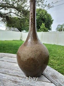 Vintage studio art pottery stoneware long neck bottle vase signed Selman