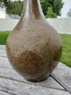 Vintage studio art pottery stoneware long neck bottle vase signed Selman