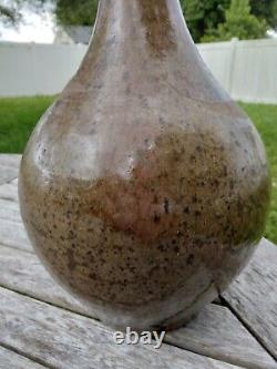 Vintage studio art pottery stoneware long neck bottle vase signed Selman