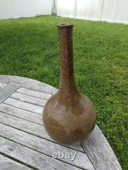 Vintage studio art pottery stoneware long neck bottle vase signed Selman