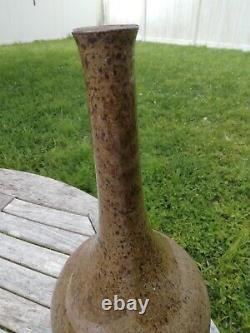 Vintage studio art pottery stoneware long neck bottle vase signed Selman