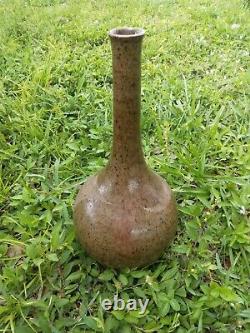 Vintage studio art pottery stoneware long neck bottle vase signed Selman