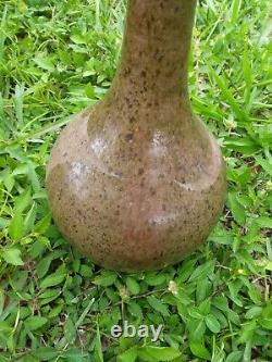 Vintage studio art pottery stoneware long neck bottle vase signed Selman