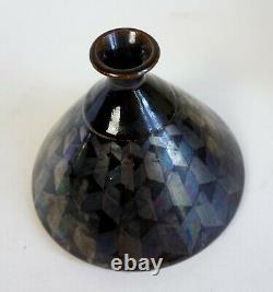Vintage studio pottery iridescent glazed conical vase monogrammed to base