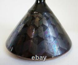 Vintage studio pottery iridescent glazed conical vase monogrammed to base