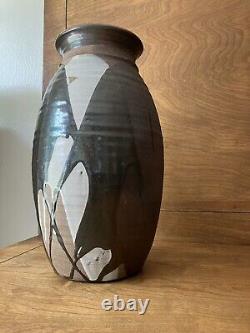Vintage studio pottery large Vase mid century modern overlap glaze earthtone mcm