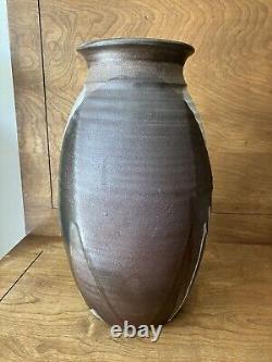 Vintage studio pottery large Vase mid century modern overlap glaze earthtone mcm
