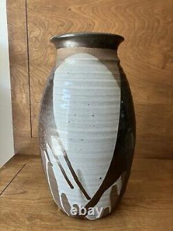 Vintage studio pottery large Vase mid century modern overlap glaze earthtone mcm