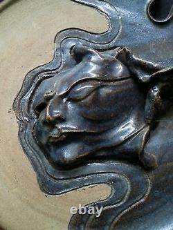 Vintage studio pottery sculpted stoneware glazed plate 13 inches, Artist signed