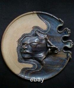 Vintage studio pottery sculpted stoneware glazed plate 13 inches, Artist signed