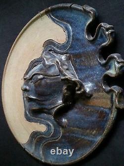 Vintage studio pottery sculpted stoneware glazed plate 13 inches, Artist signed