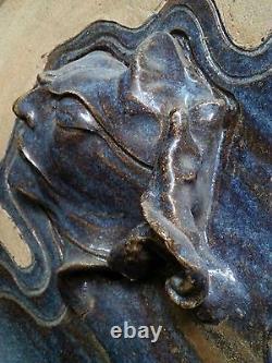 Vintage studio pottery sculpted stoneware glazed plate 13 inches, Artist signed