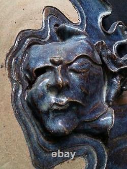 Vintage studio pottery sculpted stoneware glazed plate 13 inches, Artist signed
