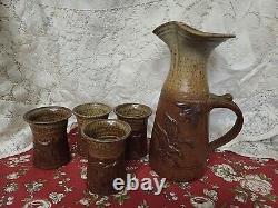 Vntg MC Art Pottery Pitcher With Matching Cups Artist Signed