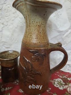 Vntg MC Art Pottery Pitcher With Matching Cups Artist Signed