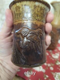 Vntg MC Art Pottery Pitcher With Matching Cups Artist Signed