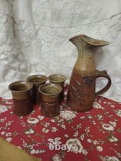 Vntg MC Art Pottery Pitcher With Matching Cups Artist Signed