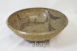 Vtg 1970s Studio Art Pottery Stoneware Bowl Incised Design Abstract Fish Signed