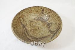 Vtg 1970s Studio Art Pottery Stoneware Bowl Incised Design Abstract Fish Signed