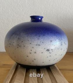 Vtg 1987 Raku Studio Pottery SIGNED Ed  Weed Pot Ceramic Bud Vase Blue White