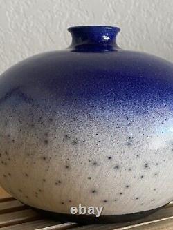 Vtg 1987 Raku Studio Pottery SIGNED Ed  Weed Pot Ceramic Bud Vase Blue White