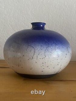 Vtg 1987 Raku Studio Pottery SIGNED Ed  Weed Pot Ceramic Bud Vase Blue White